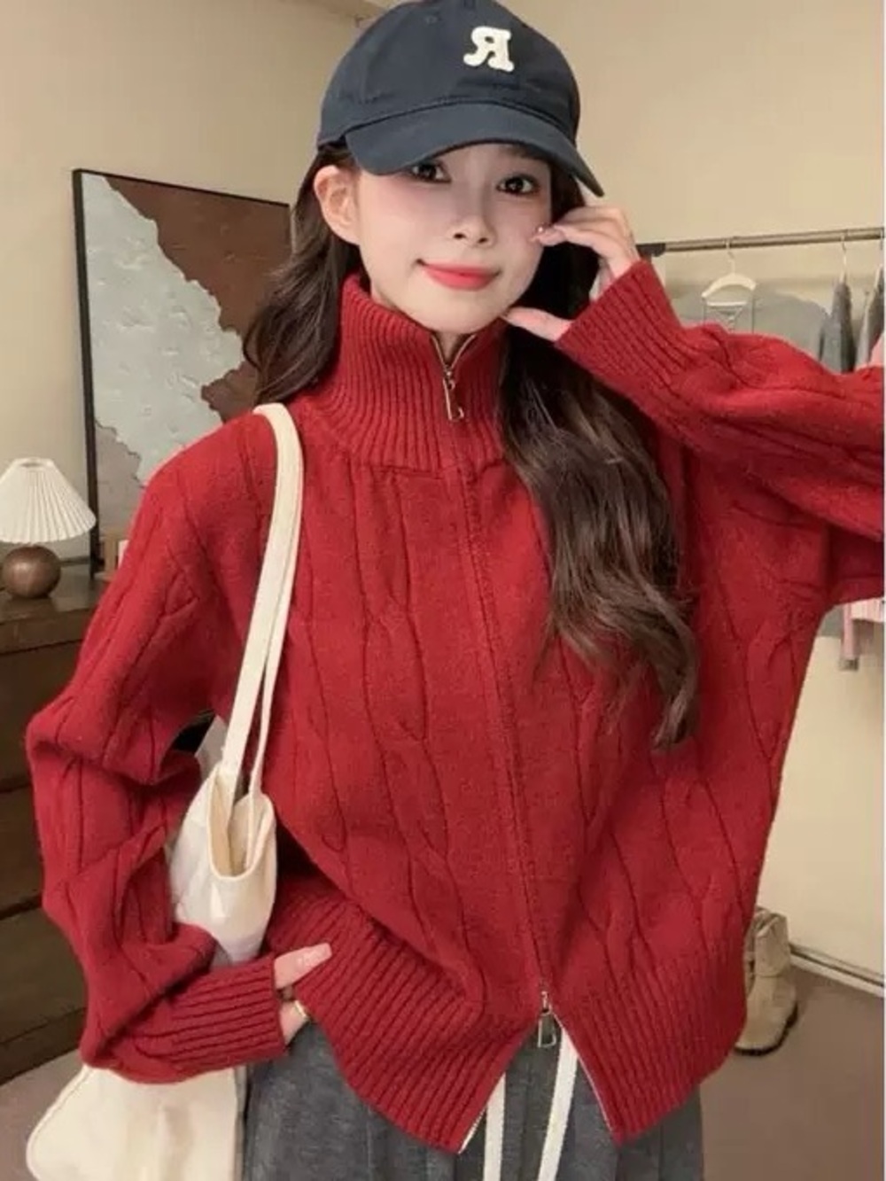 Women's Red Cable Zip-Up Turtleneck Sweater